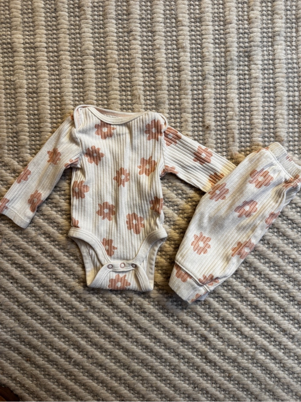 cloud island Cream Ribbed Floral Long-Sleeve Baby One-Piece